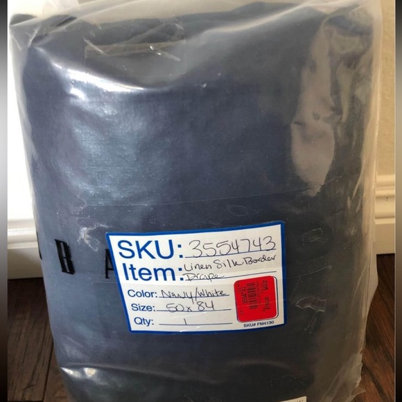 2 Pottery Barn Navy Linen White Silk Border Drape Curtain Panels 50x84 - Picture 3 of 5